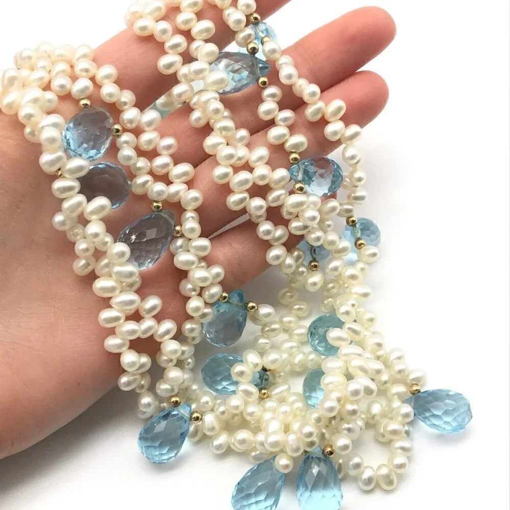 Genuine Multi-Strand Real Pearl Blue Faceted Crystal 14k Solid Gold Necklace
